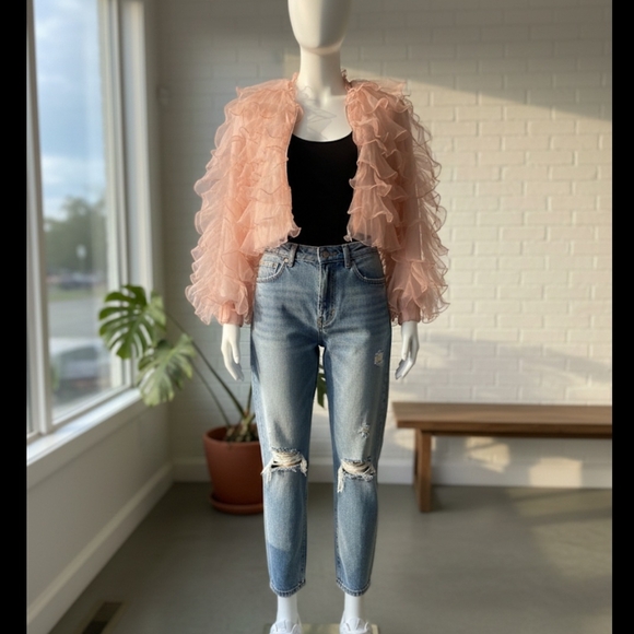 Eva Franco Anthropologie Ruffled Organza Bomber Jacket - Rose Pink - Picture 5 of 6